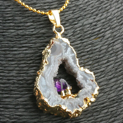 #ad Amethyst Stone Crystal Healing Pendant Natural Quartz Druzy Geode for Necklace $9.55