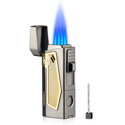 #ad Torch Lighter Windproof Cigar Lighter 4 Jet Flame Refillable w Punch and Stand $15.38