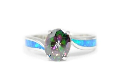 #ad 925 Sterling Silver Synthetic Opal Ring Inlay Mystic Topaz Oval Cabochon Wave $27.99