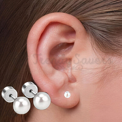 #ad 5mm Silver Women Stainless Steel Screwback White Pearl Round Ball Stud Earrings GBP 3.79