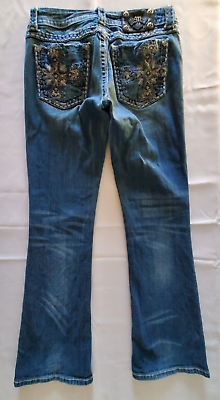 #ad Miss Me Boot Cut Jeans Size 28 Embroidered Pocket Signature Cross Rhinestones $25.00