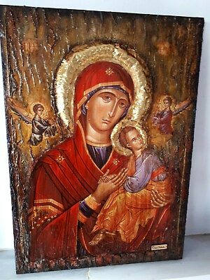 Virgin Mary with Jesus Christ and two Angel Icon Greek Orthodox Byzantine Icon $220.00
