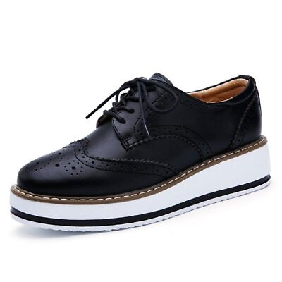 #ad Genuine Leather Shoes Women Flats Oxford Lace Up Striped Platform Brogue Shoes $52.06