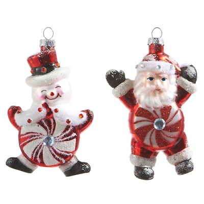 #ad Set 2 4quot; Glass RAZ Peppermint Pinwheel Santa Snowman Ornament Christmas Decor $14.95