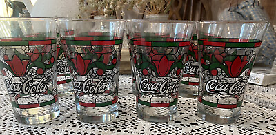 #ad Vintage Coca Cola Holiday Glasses Set Of 8 Stained Glass Holly Leaf And Berry $45.00