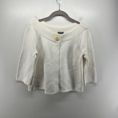 #ad ANN TAYLOR Sweater Womens Medium Ivory Bolero Single Button Cardigan 3 4 Sleeve $20.00