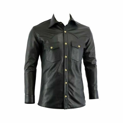 #ad Men#x27;s Black Leather Boys Police Military Style Uniform Shirt Casual Shirts $107.99