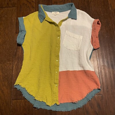 Umgee USA Soft Gauze Linen Like Short Sleeve Raw Hem Relaxed Button Up Shirt $15.95
