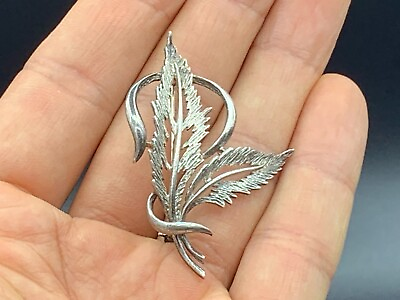 Vintage English Hallmarked Solid Silver Pin Brooch Two Angel Feathers Leaves 6g $73.79