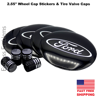 #ad 2.55quot; 65mm FORD Wheel Center Hub Cap Sticker Decal AND Tire Valve Caps BLACK $10.88