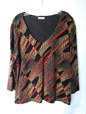 Nicola Stretchy Knit Top Black Red Brown Abstract Print V Neck Large Chest 38quot; $14.25