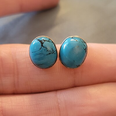 #ad Turquoise Sterling Silver Mexico 925 Stud Oval Earrings Pierced $24.99