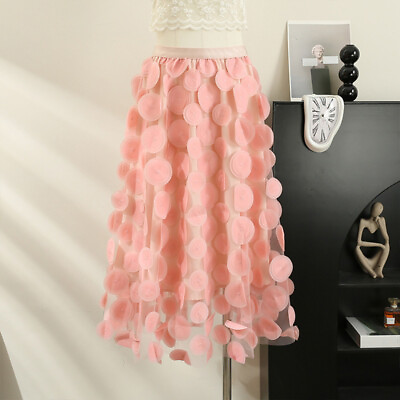 Women Lace A line 3D Casual High Elastic Waist Casual Dress Mesh Polka Dot Skirt $33.55