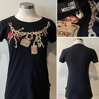 #ad LOVE MOSCHINO Black Stretch Cotton PrintCrystalsPinsKey T Shirt 12AUST UK 8US $199.00