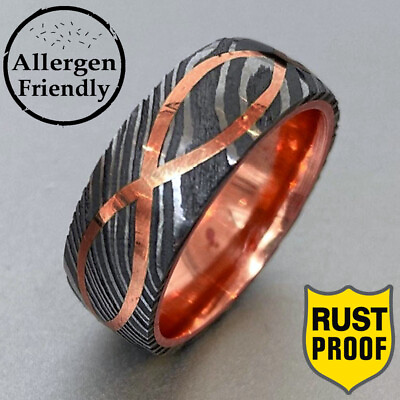 #ad Customized Damascus Steel Ring Copper Infinity Inlay n Sleeve Men#x27;s Band For Him $89.00