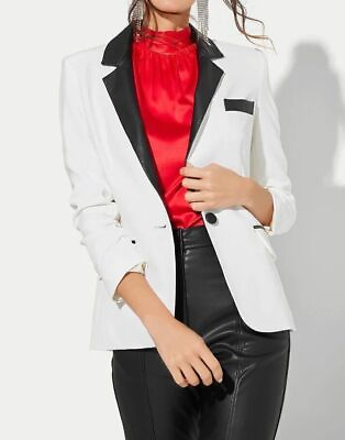 #ad Leather Women Blazer Black amp; White Classic Button Stylish Party Genuine Lambskin $146.20