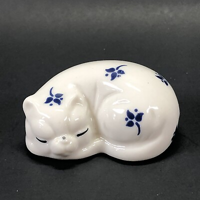 #ad VTG Enesco Porcelain Sleeping White Cat Kitten Hand Painted Blue Flowers $10.99