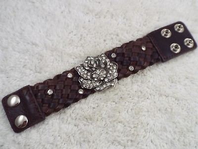 #ad Brown Plaited Leather Silvertone Rhinestone Rose Snap Strap Bracelet A27 $6.05
