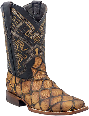 Men Pirarucu Fish Print Leather Western Wide Square Toe Honey Cowboy Boots $99.00