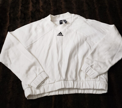 Adidas Womens Small White Long Sleeve Crop Trefoil Pullover Sweatshirt $10.88