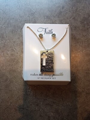 #ad FAITH SILVER TONE CROSS CUT OUT NECKLACE AND EARRING SET 18quot; CHAIN $19.99
