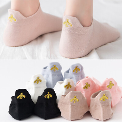 5 Pair Women Girls Bee Embroidery Cotton Solid Funny Sport Athletic Ankle Socks $9.99
