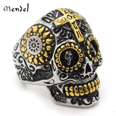 MENDEL Mens Gold Plated Motorcycle Biker Skull Ring Stainless Steel Size 7 15 $11.99