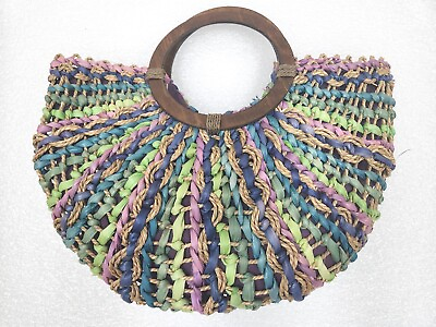 #ad CAPELLI Large Sea Grass Woven Multicolored Hand Bag Beach Bag 16quot; Wooden Handles $15.00