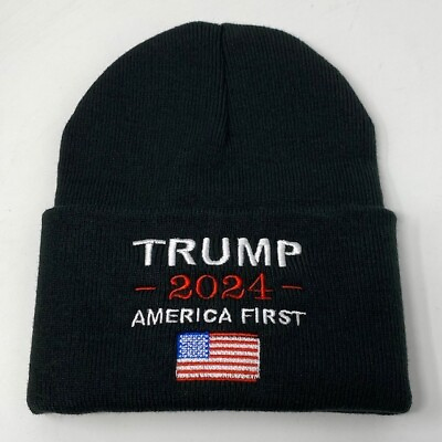 #ad TRUMP 2024 AMERICA FIRST Embroidered Beanie with USA FLAG 2024 BLACK $18.99