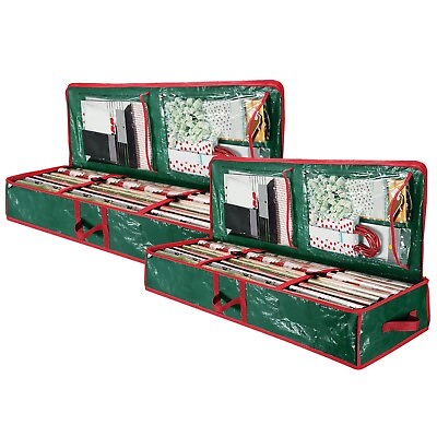 #ad 2Pc Wrapping Paper Storage Christmas Foldable Gift Wrap Card Bows Box Green Bags $28.99