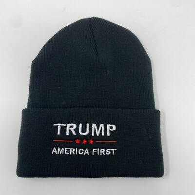 #ad TRUMP *** AMERICA FIRST Embroidered Black Beanie STARS AND STRIPES $17.99