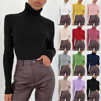 #ad Women#x27;s Solid Sweater Slim Fit Lightweight Long Sleeve Turtleneck Casual Tops $15.34