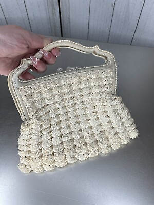 #ad 1930s Vintage Cream Celluloid Plastic Handle Purse Crochet Handbag Unique $22.79
