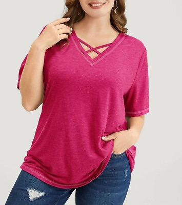 #ad Bloomchic Solid Crisscross Neck Contrast Stitch T Shirt Top Crimson 14 16 1X $17.99