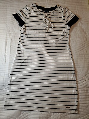 #ad Tommy Hilfiger White Dress Nautical Blue Stripe Casual Short Sleeve Cotton Sz M $8.00