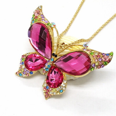 Hot Cute Pink Butterfly Large Crystal Fashion Women Pendant Chain Necklace $3.95