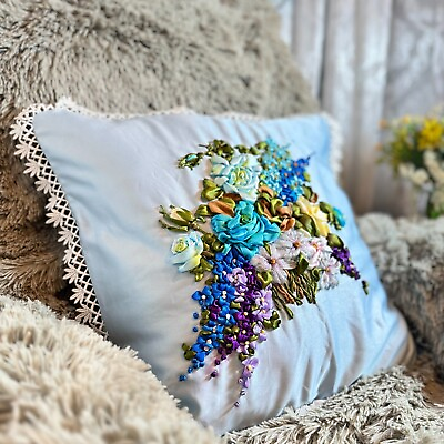 #ad Floral Style Handmade Pillow Ribbon Embroidery For Couch Bed Room Sofa Mom Gift $149.00