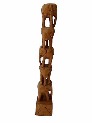 #ad Vintage MCM Elephant Wooden Tower Hand Carved Retro Teak Lucky Elephants Rare AU $18.95