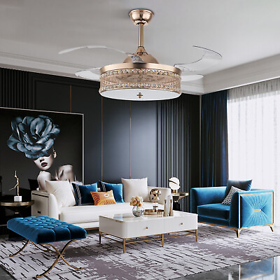 42quot; Rose Gold Invisible Ceiling Fan Light LED Crystal Chandelier Remote Control $71.25