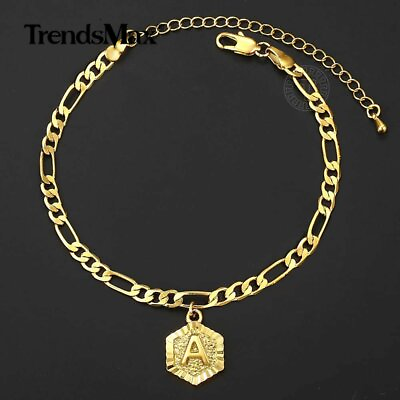 #ad 5mm Gold Plated Figaro Chain Initial Charm Anklet Bracelet Stainless Steel Ankle $8.07