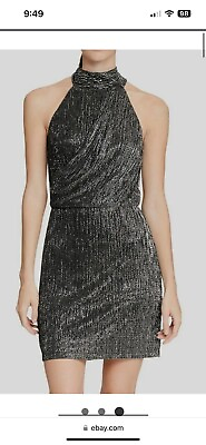 Halston Heritage Womens Black Silver Metallic Halter Knit Mini Dress Size 2 $65.00