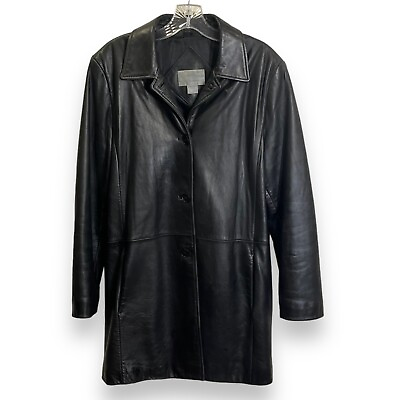 #ad Worthington Womens Black Leather Jacket Pea Coat Pockets L Lambskin $29.99