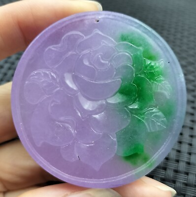 #ad Chinese Icy Green Lavender Natural Jade Carved Flower 花开富贵 Pendant $37.00