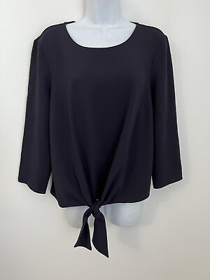 Ann Taylor Blouse Top Medium Navy Blue Front Tie Button Up 3 4 Sleeve Career $20.00