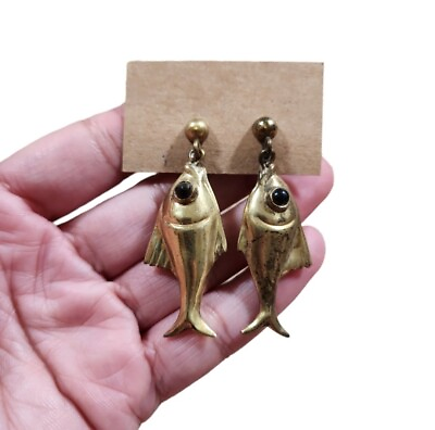 #ad Vintage Gold Toned Brass Mexico Black Gem Eyed Screwback Dangling Fish Earrings $40.00