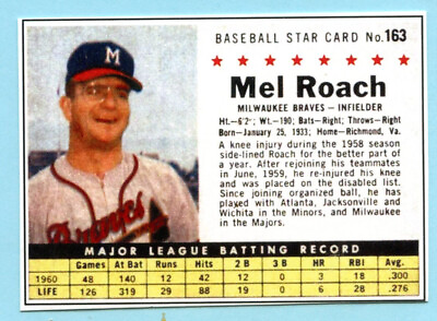 #ad 2022 1961 Cereal Card #163 Mel Roach Milwaukee Braves $5.00