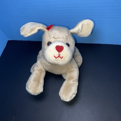 #ad Hallmark Plush Dog Tan Stuffed Animal Lab Heart Nose Red Bow Laying Toy Lovey 9quot; $4.99