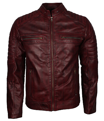 #ad Mens Maroon Motorcycle Vintage Leather Biker Cafe Racer Lambskin Leather Jacket $119.99