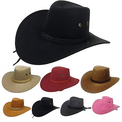 Mens Faux Felt Western Cowboy Hat Cap Fedora Outdoor Wide Brim Hat with Strap $12.03