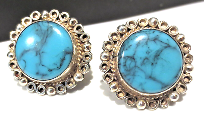 #ad Vintage Sterling Silver Turquoise Earrings Mexico Round Screwback 7 8quot; Dia $29.95